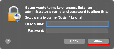 Enter your user name and password when prompted, then click Allow (outlined in red)