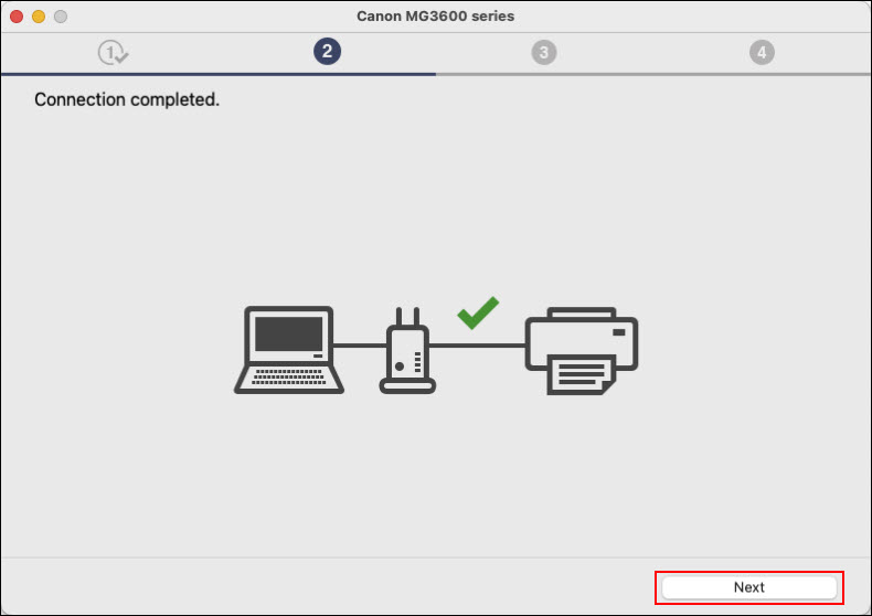 The printer is now connected to the network. Click Next (outlined in red)