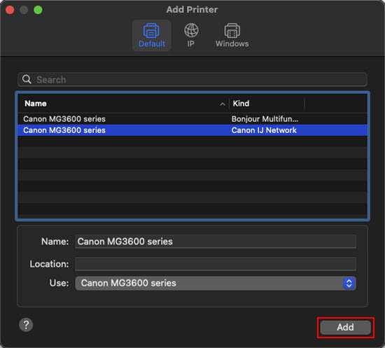 Select the printer with Canon IJ Network listed in the Kind column. Click Add (outlined in red)