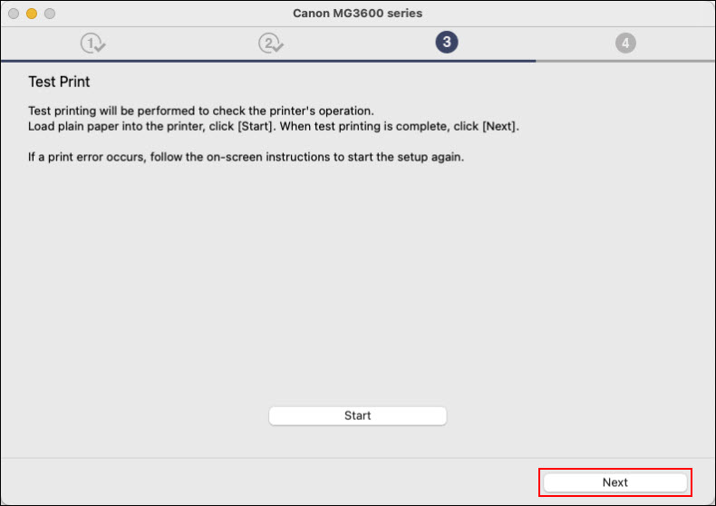 Click Start to print a test page, or click Next (outlined in red) to proceed