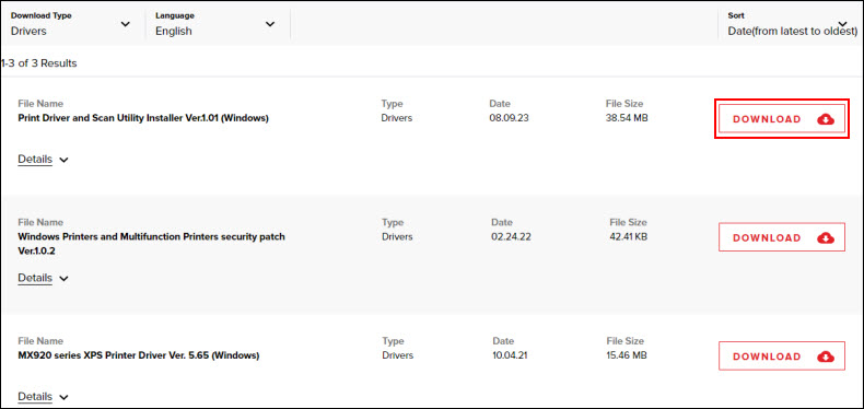 Click Download to the right of the Print Driver and Scan Utility Installer (outlined in red)