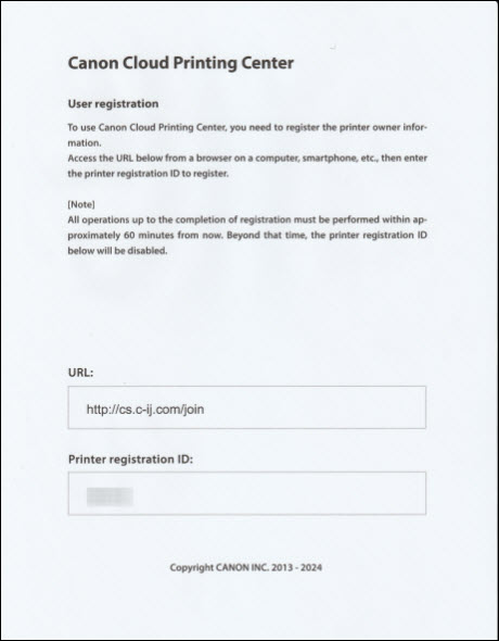 Authentication URL and Printer registration page.