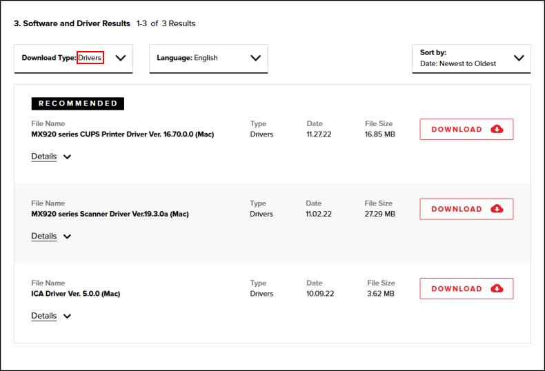 Select the appropriate driver from the list (Drivers under Type outlined in red)