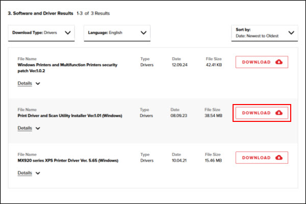 Figure: Download button to the right of the Print Driver and Scan Utility Installer outlined in red