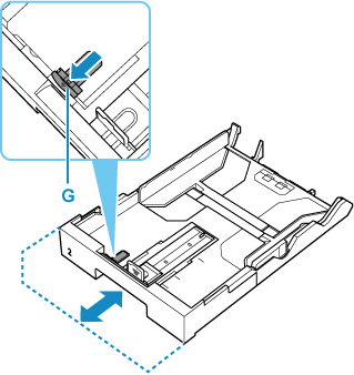 Use the resizing tab (G) to adjust the size of the cassette if using Legal-sized paper