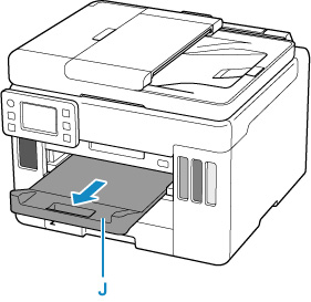 Pull out the paper output tray (J)
