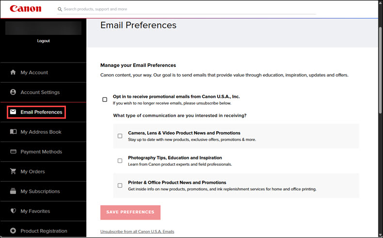 Email Preferences screen