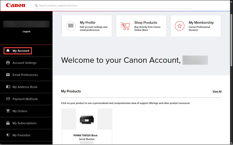 Screenshot of Canon Account - My Account