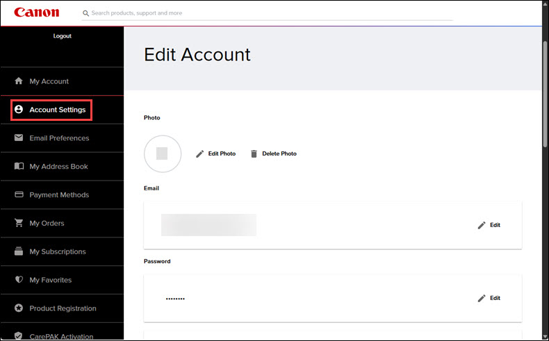 Account Settings screen, options to edit photo, email address, and password shown