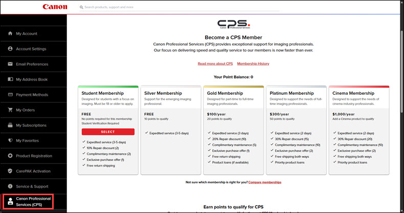 Canon Professional Services screen
