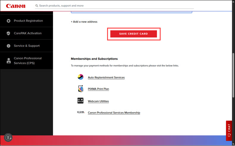 Click Save Credit Card (outlined in red) to save your card information