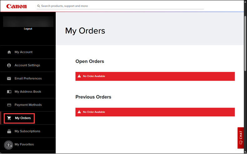 My Orders screen