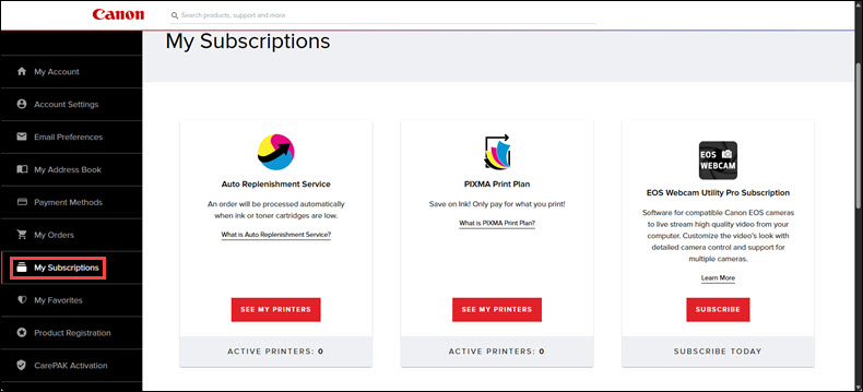 My Subscriptions screen