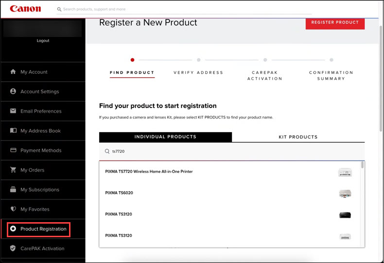 Product Registration screen