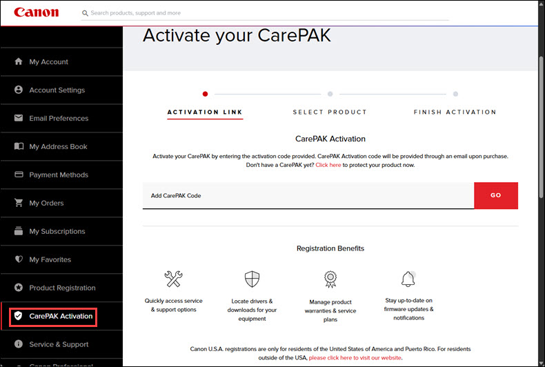 CarePAK Activation screen