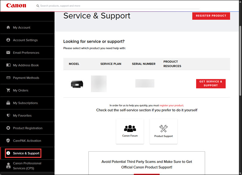 Service & Support screen