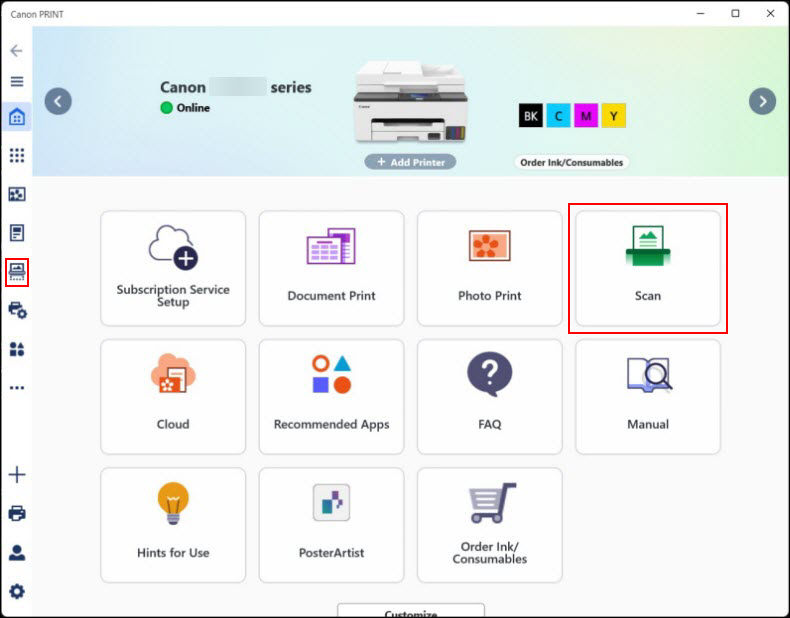 Main screen with Scan outlined in red, as well as the Scan icon on the left outlined in red