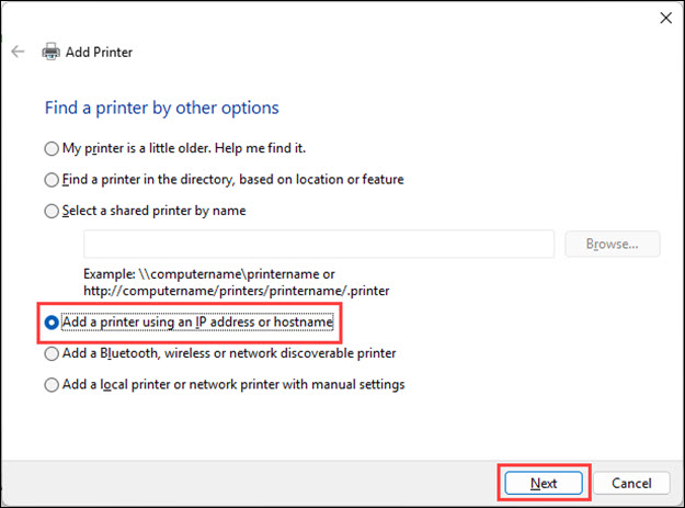 Select Add a printer using an IP address or hostname, then click Next (outlined in red)