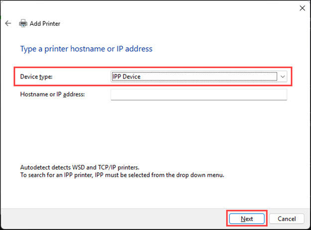 Make sure IPP Device is selected in the drop-down menu, then enter the printer's IP address in the box below. Click Next (outlined in red)