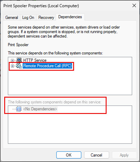 Print Spooler service depends on RPC to be started (running)