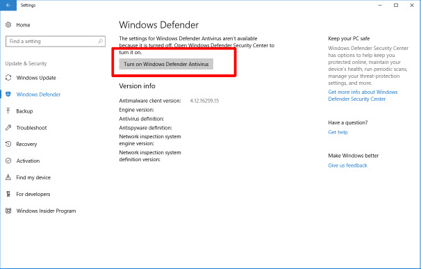 Turn on Windows Defender