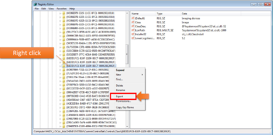 Export the required registry key