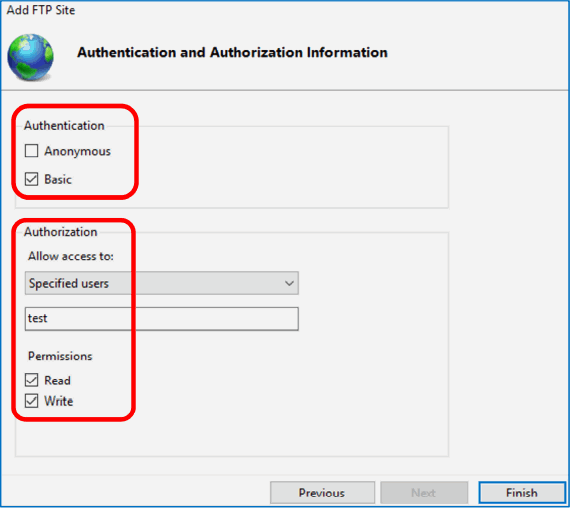 Select "Basic" Authentication and enable Read/Write access.