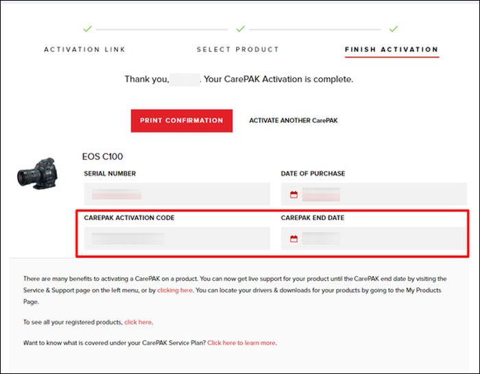 The CarePAK activation code and expiration date will be shown (outlined in red)