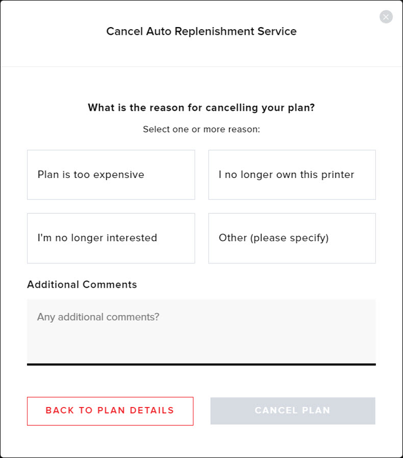 Provide the reason(s) for cancelling the plan, then click Cancel Plan