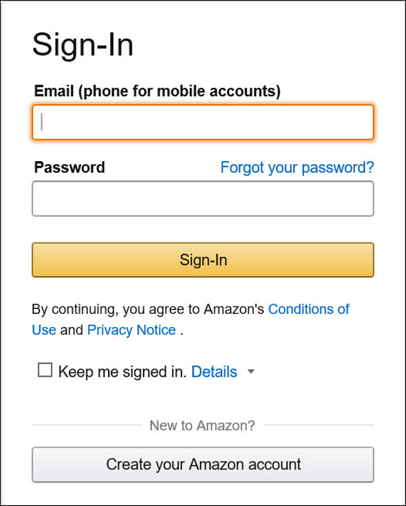 Enter the information for your Amazon account and click Sign-In