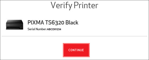 Verify that your printer model and its serial number are displayed, then click Continue (outlined in red)