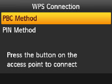 WPS Connection screen with PBC Method selected