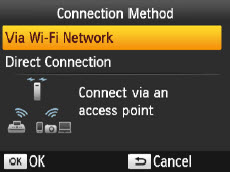 Via Wi-Fi Network selected on Connection Method screen