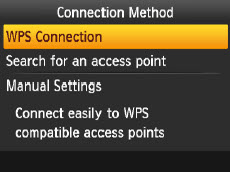WPS Connection selected on the Connection Method screen