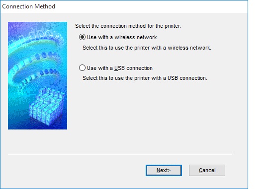 Connection method screen with "use a wireless network" selected