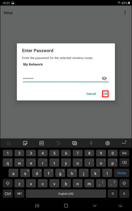 Enter password screen. Tap OK when network password has been entered.