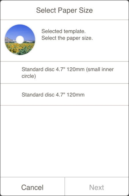Select the size of the disc you will print on.  Then, tap Next