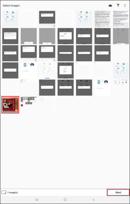 After selecting the image(s) to print, tap Next (outlined in red)