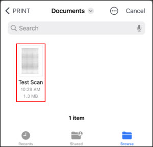 Tap on the document to print (outlined in red)