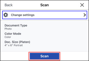Tap Scan (outlined in red) to begin scanning. Tap Change settings (outlined in blue) to change scan settings as needed