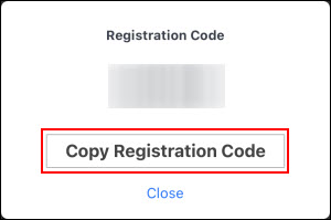 Tap Copy Registration Code (outlined in red)