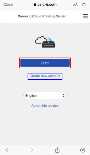 Tap Start (outlined in red) or Create new account (outlined in blue)