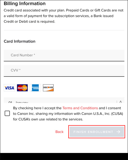 Provide the requested credit card information, then select Finish Enrollment (outlined in red)