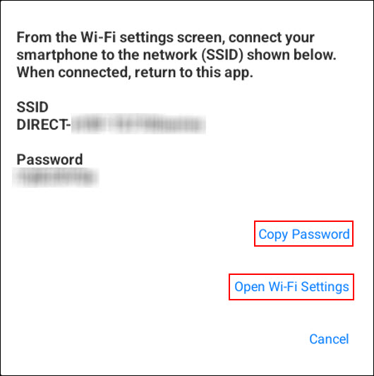 Tap or click Copy Password (outlined in red), then tap or click Open Wi-Fi Settings (outlined in red)
