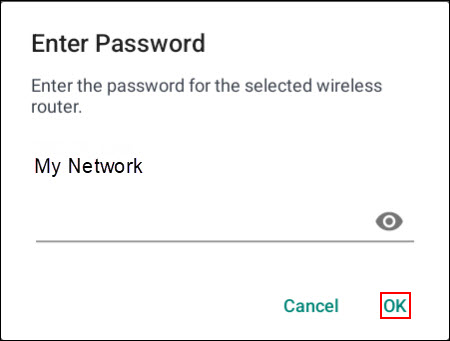 Enter password screen. Tap or click OK when the network password has been entered.