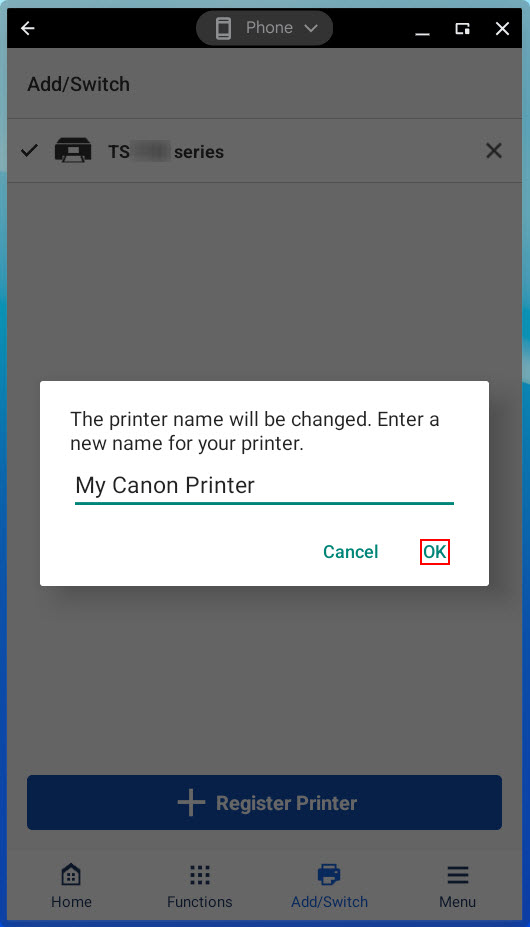 Tap and hold the printer you want to rename. Enter a new name for the printer, then tap OK (outlined in red)