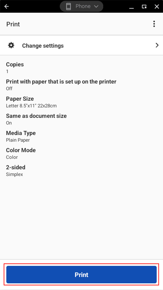 Tap or click Print (outlined in red) to print. Tap or click Change settings if you want to specify the paper size, type, or number of copies