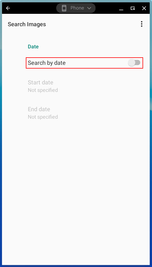 Tap or click the switch for Search by date (outlined in red) to specify a start and end date for photos you want to display