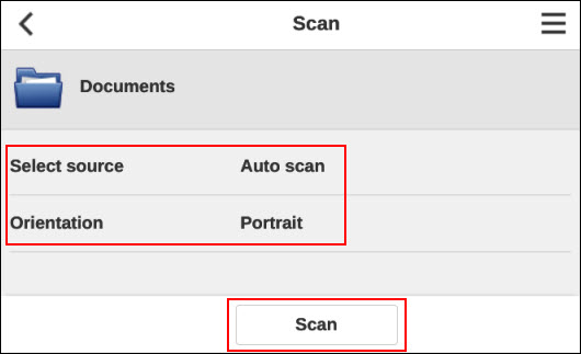 Choose Select source, Orientation, or Scan (outlined in red)