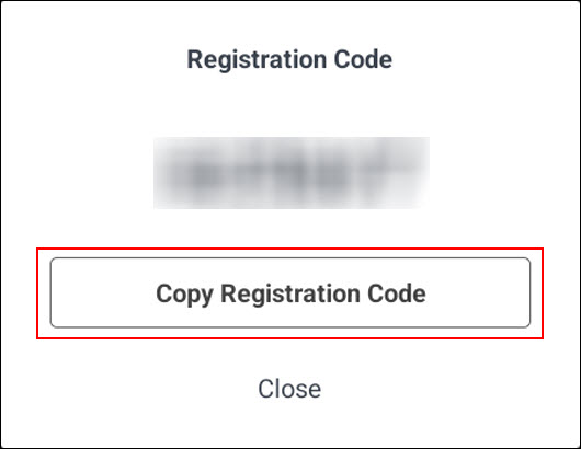 Select Copy Registration Code (outlined in red)